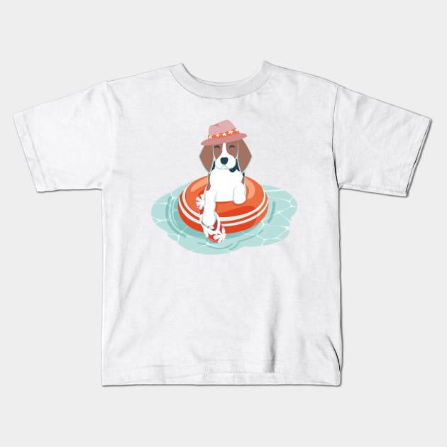 Summer pool pawty // aqua background beagle dog breed in vacation playing on swimming pool Kids T-Shirt by SelmaCardoso